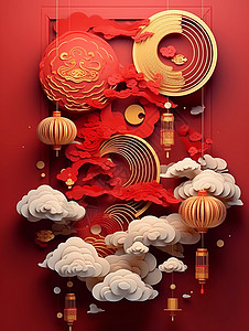 红色背景喜庆的立体剪纸风卡通灯笼与祥云背景图片