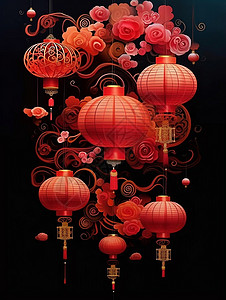 喜庆的红色卡通灯笼与花朵背景图片