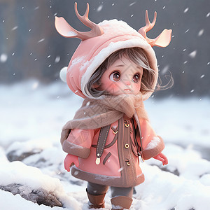 小女孩跟小鹿穿粉色厚外套走在大雪中的卡通小女孩插画