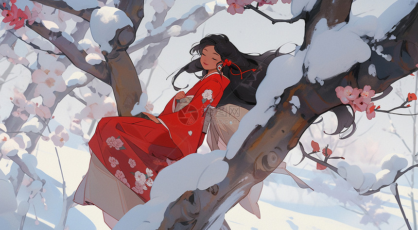冬天大雪中坐在树枝上欣赏雪景的红裙卡通女孩图片