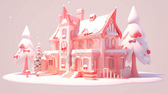 房子上落着雪的粉色小清新卡通房子背景图片