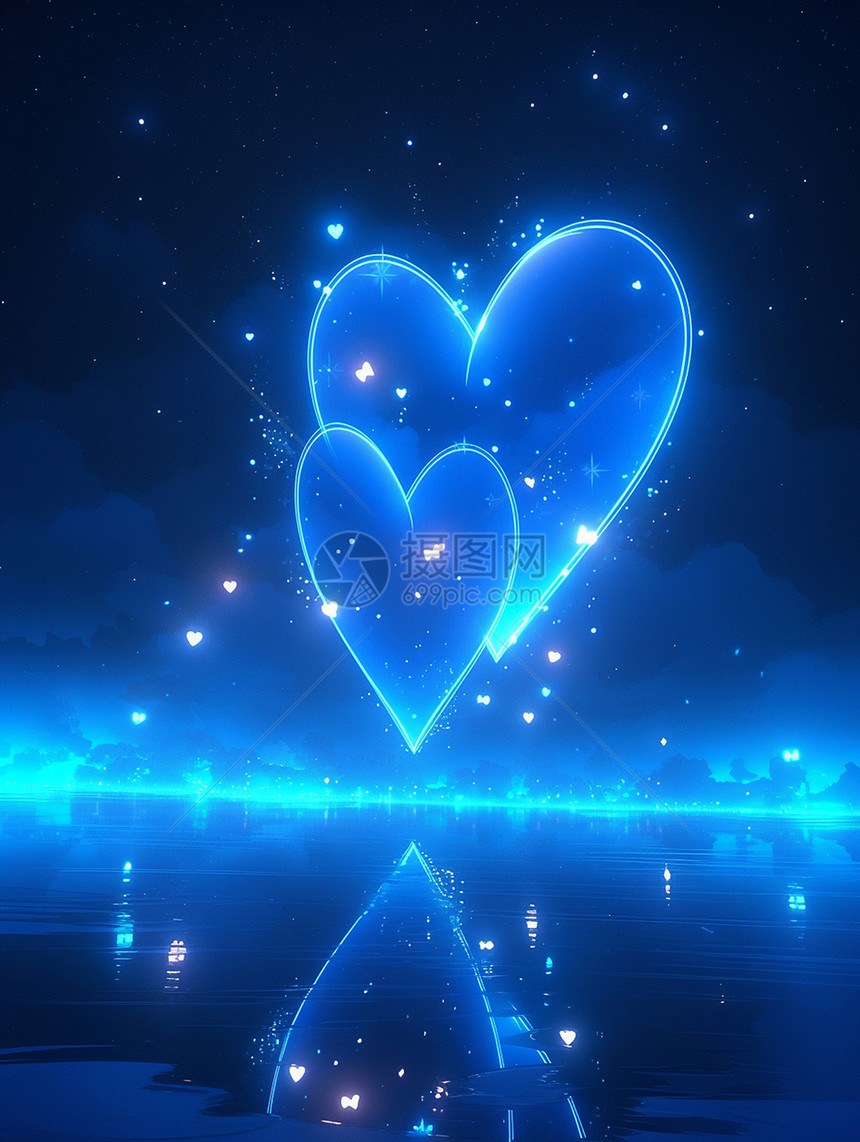 夜晚湖面上两个蓝色发光爱心飘在空中图片