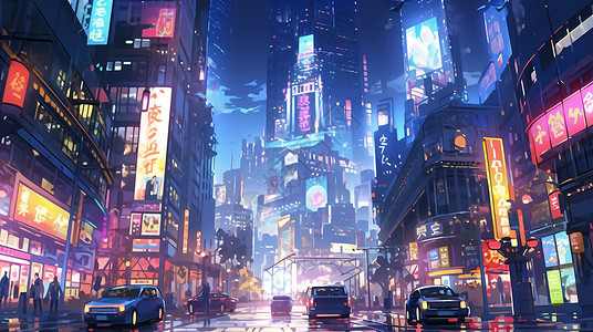 夜晚繁华梦幻的卡通城市背景图片