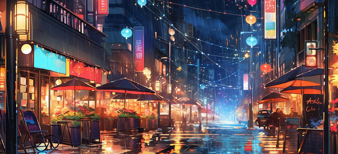 大雨中夜晚亮着灯繁华的卡通商业街背景图片