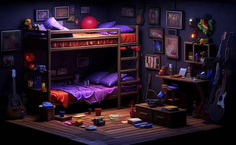 铺着紫色床单温馨的儿童卡通卧室背景图片
