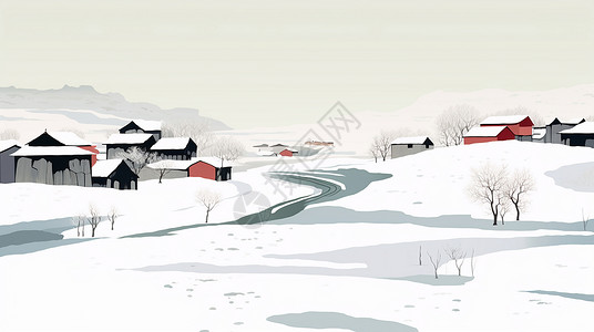 中山铁桥大雪中山坡上唯美的卡通小村庄插画