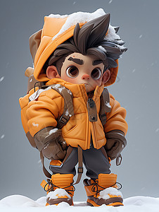 厚厚的雪站在雪地中穿着厚厚的橙色服装的卡通小男孩插画