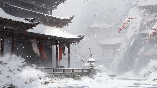 风雪中唯美的卡通古建筑一角与梅花高清图片