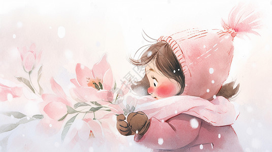 冬天在风雪中戴着粉色帽子和围巾的卡通小女孩背景图片