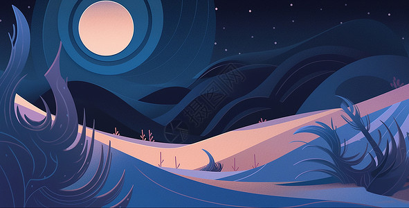 夜晚的沙漠扁平风卡通插画背景图片