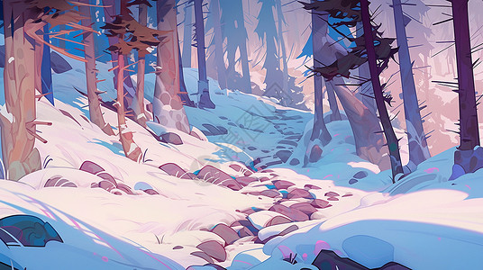 冬天雪后森林中幽静的卡通石子路高清图片