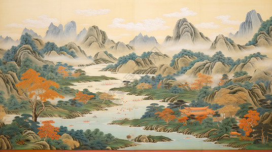 唯美漂亮的大江大河古风山水画高清图片