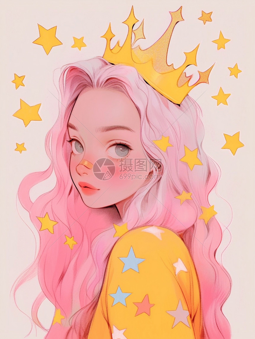 穿黄色衣服粉色长发戴皇冠的卡通小公主图片