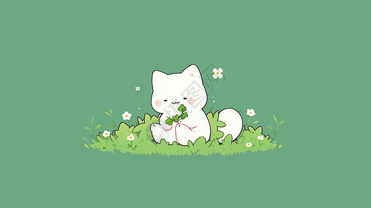 小清新表情包坐在草地上一只可爱的卡通小白猫插画