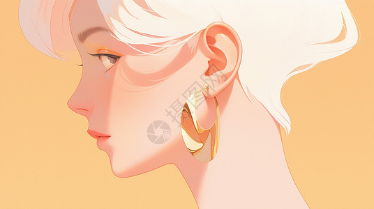 戴着黄金耳饰的世行短发卡通女人侧面高清图片