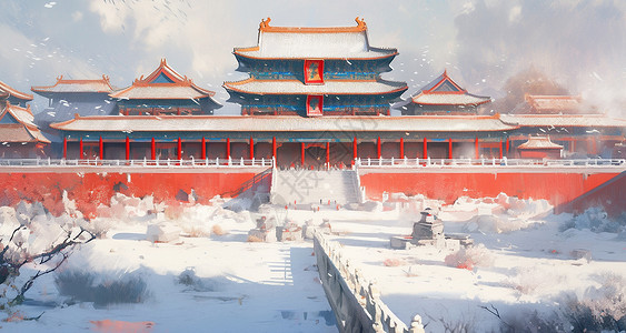 冬天紫禁城冬天暴风雪中唯美的古风卡通建筑插画
