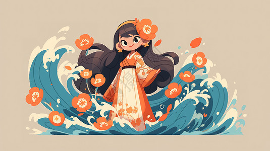 踩着海浪古风装扮长发可爱的卡通小女孩背景图片