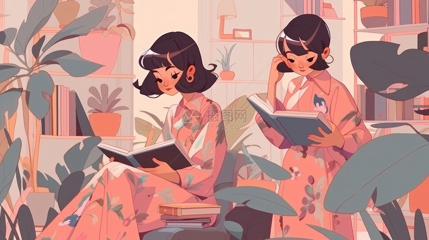 穿粉色长裙优雅看书的短发卡通女人图片