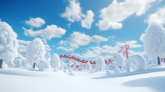 冬天蓝天白云下远处被雪覆盖的卡通游乐场背景图片