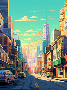 高楼大厦城市中的卡通街道背景图片