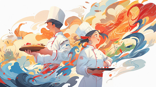 两个托着盘子的开心笑的卡通厨师背景图片