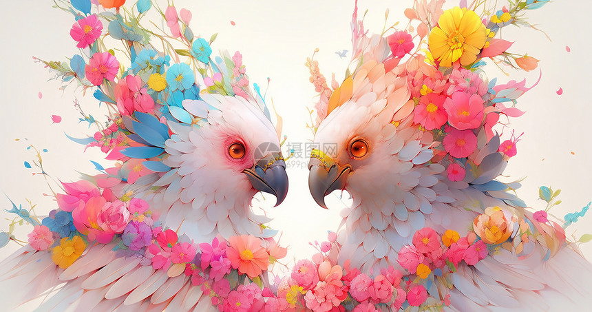 头戴彩色花朵的两只漂亮的卡通鹦鹉图片