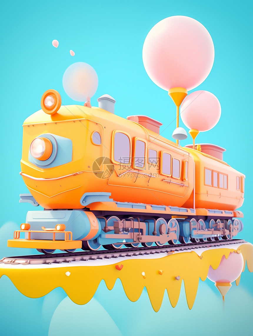 有粉色气球的立体黄色卡通火车图片