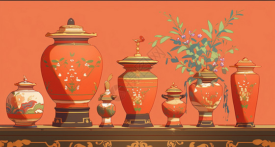 各种橙红色漂亮的卡通花瓶背景图片