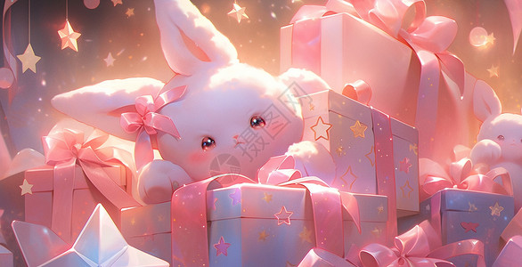 花与礼物盒很多可爱的卡通礼物盒与毛绒兔子玩具插画