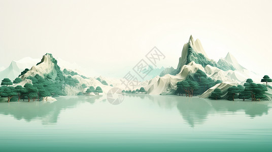 唯美漂亮的卡通湖边两座卡通大山背景图片