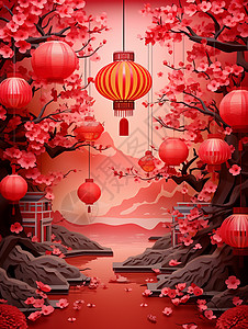 梅花与灯笼红色梅花与喜庆的卡通灯笼插画