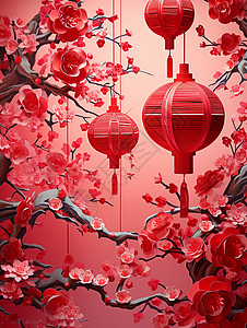 盛开的梅花枝头挂着红色灯笼剪纸风卡通插画背景图片