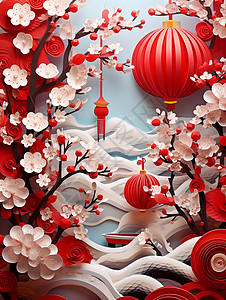 梅花与灯笼剪纸风唯美的卡通插画红色灯笼与盛开的梅花插画