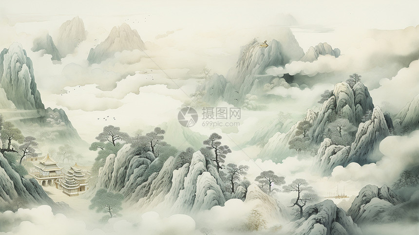 云雾缭绕的古风山水画卡通风景图片