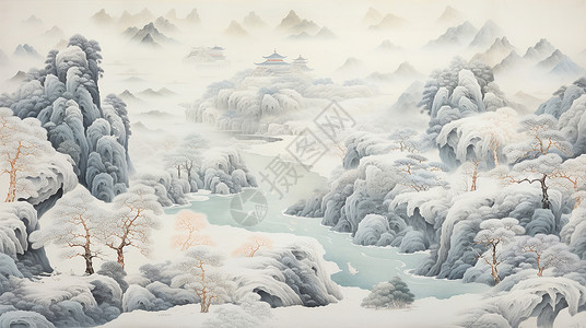 高端大气风景大气唯美的水墨古风山水画插画