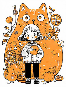 站在大猫前抱着橘子的可爱卡通小女孩高清图片