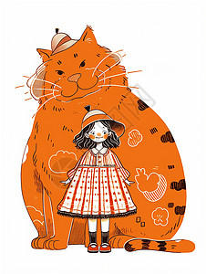 大猫戴着帽子穿格子裙的卡通小女孩与大胖猫插画