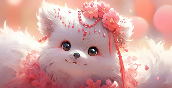 头戴粉色花朵微笑的可爱卡通小狐狸背景图片