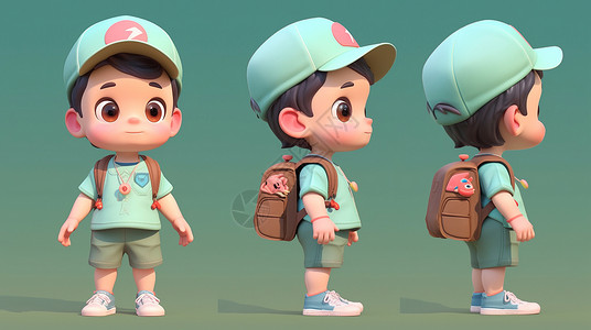 戴着绿色棒球帽可爱的卡通小男孩多角度高清图片