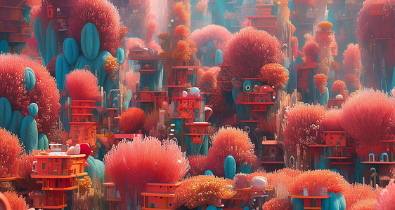红色唯美的卡通珊瑚海底世界背景图片
