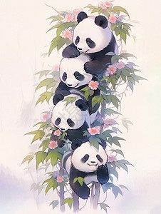 一串在树上的可爱卡通大熊猫背景图片