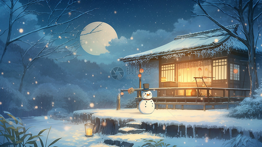 夜晚温馨的小雪屋外有一个可爱的卡通小雪人图片