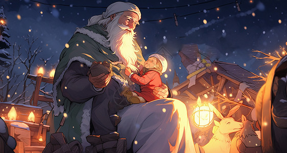 坐在灯光旁抱着孩子的白胡子老爷爷在讲故事背景图片