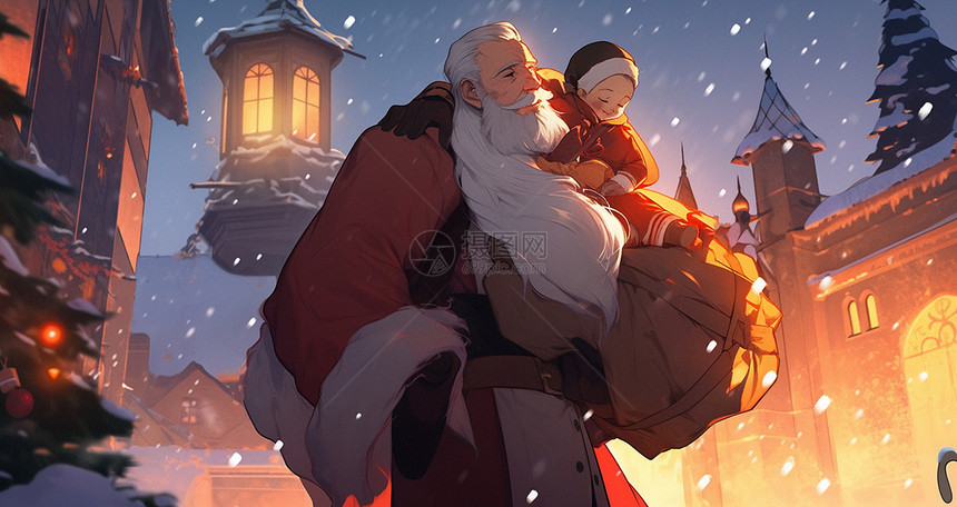 冬天雪中抱着小孩子的白胡子老爷爷走在复古的卡通街道上图片