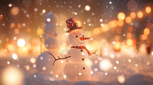 雪中戴着红色帽子梦幻漂亮的卡通小雪人高清图片