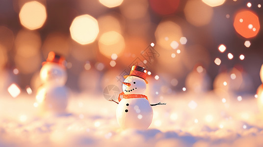 一个可爱的卡通小雪人在雪地中卡通场景高清图片