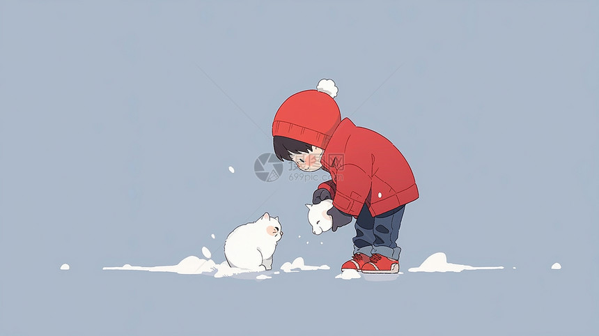 冬天穿着红色外套的卡通小男孩与小白猫一起玩耍图片