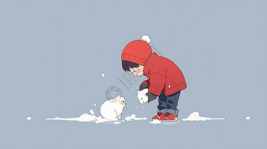 冬天穿着红色外套的卡通小男孩与小白猫一起玩耍高清图片