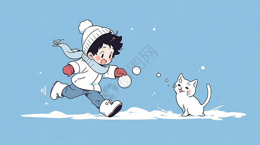 冬天在雪地中奔跑的卡通小男孩与小白猫一起玩耍高清图片