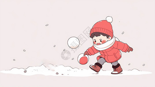 玩雪的男孩冬天戴着红色毛线帽在雪地中玩耍的可爱卡通小男孩插画